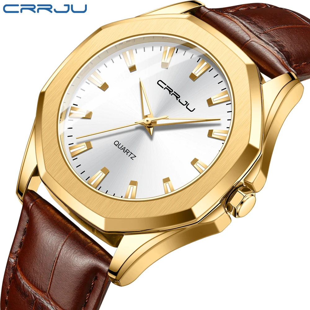CRRJU  waterproof  luxury genuine leather strap alloy case luminous hand Japan quartz men wrist watch  Relogio Masculino