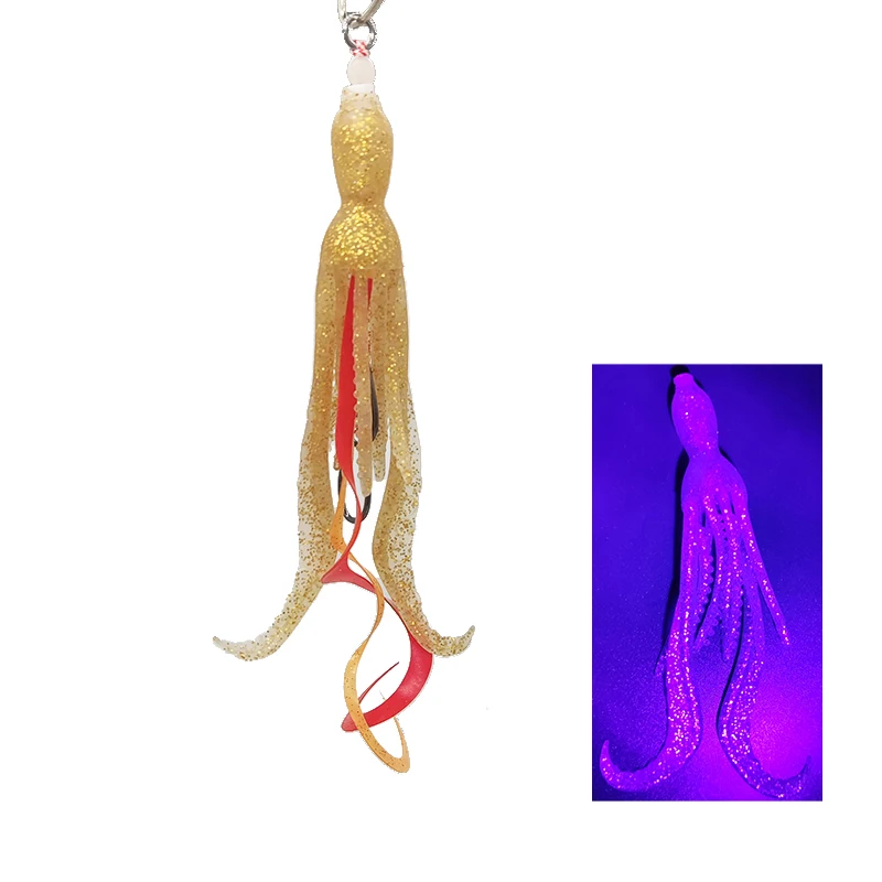 Luminous Octopus Squid Skirt Sea Fishing Wobbler Bait Fishing Tuna Lure Jig head Hook 100mm Fishing Soft Lure