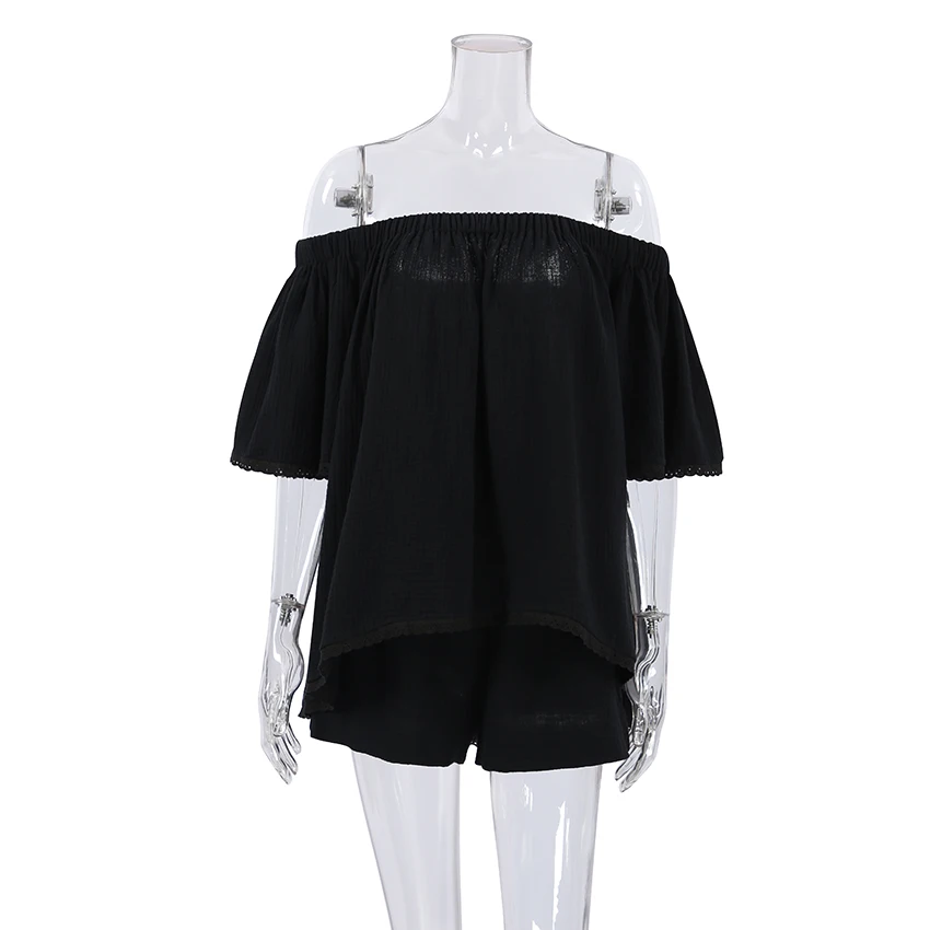 OOTN Slash Neck Loungewear Spring Loose Sleepwear Fashion 2023 Pajama  White Black Flare Sleeve Cotton Pajamas For Women Sets