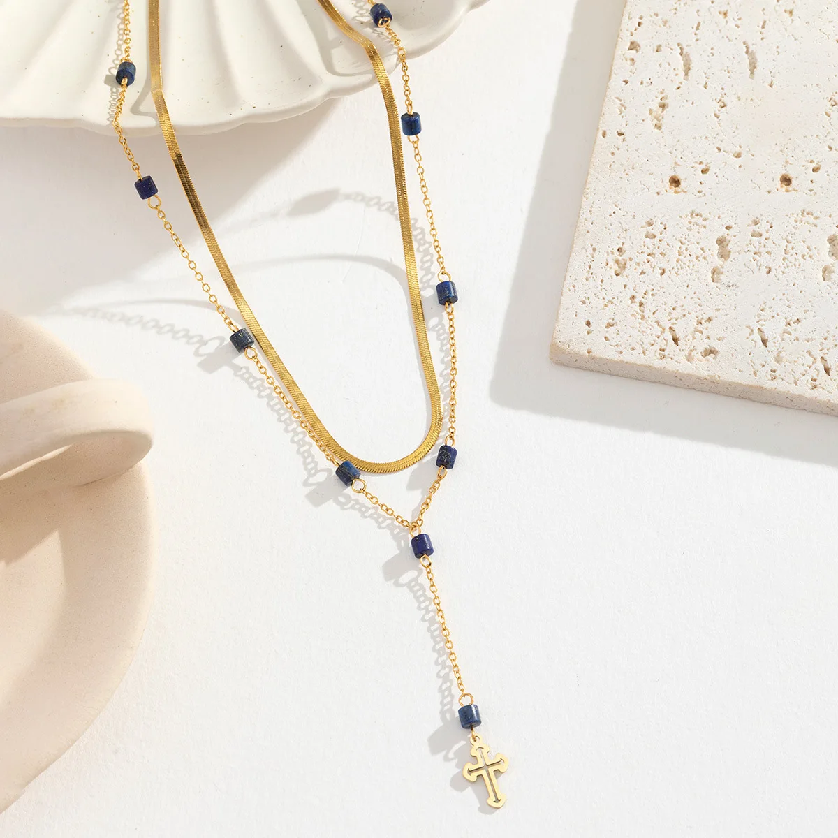 Lapis Cross Necklace 18K Gold Plated Stainless Steel Dripping Oil Double Layered Chain Choker Non Tarnish Waterproof