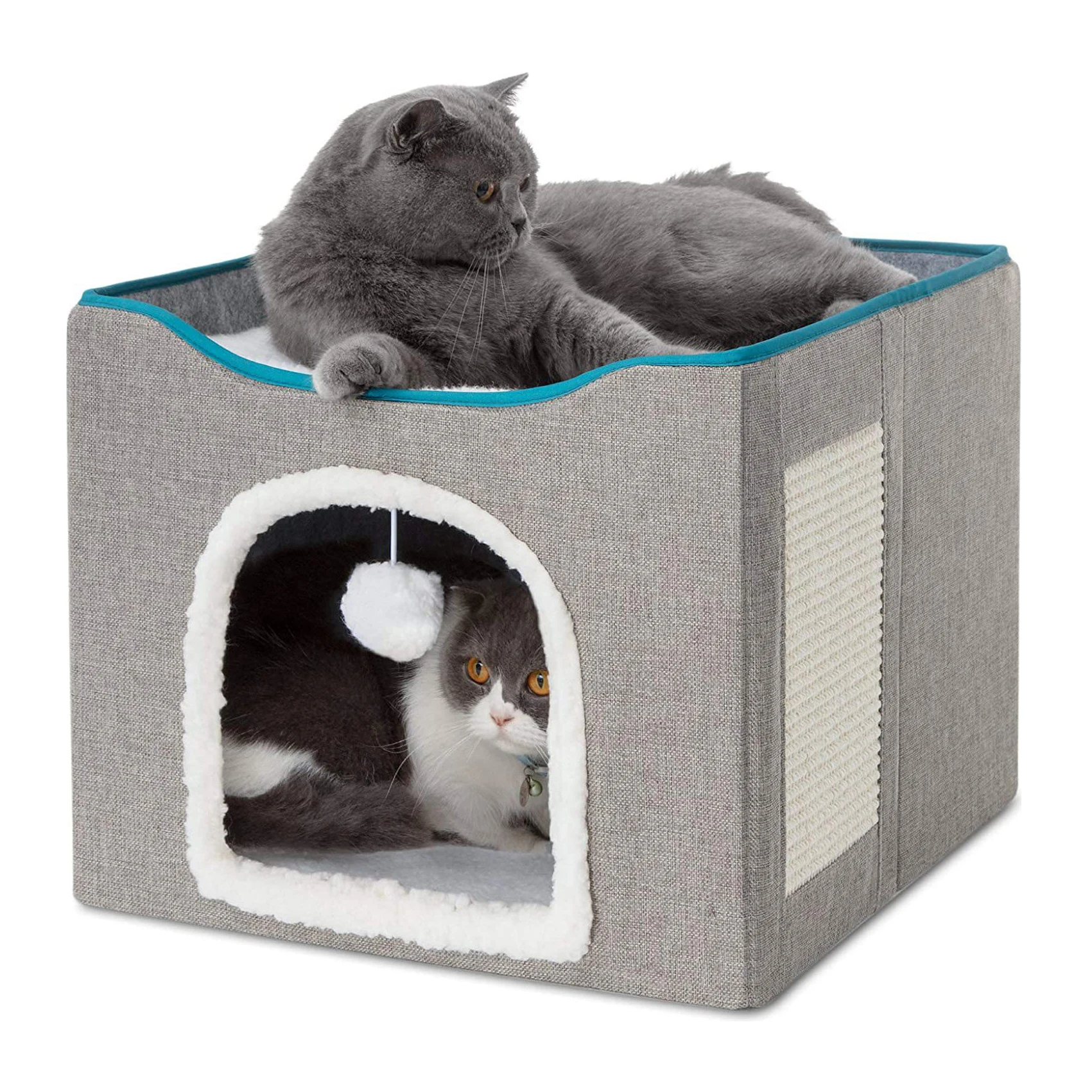 Cat Beds for Indoor  Large Cat Cave for Pet Cat House with Fluffy Ball Hanging and Scratch Pad Foldable Hideaway