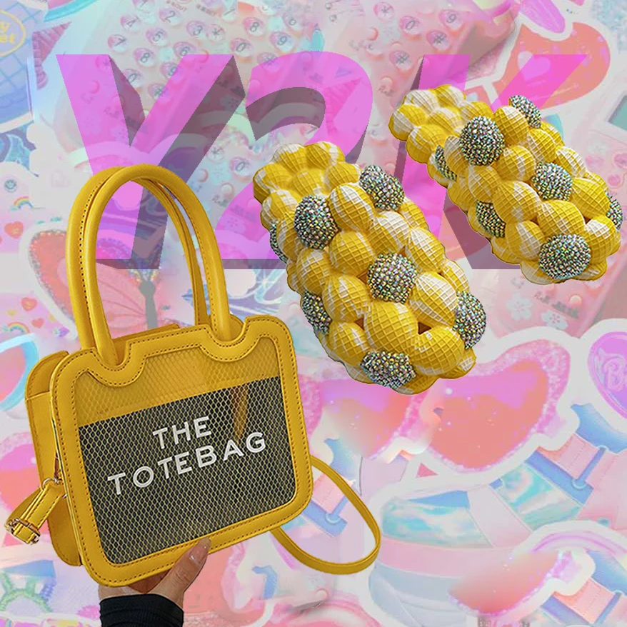 2022 Y2K Fashion Matching Shoes Tie Dye Yellow Bling Rhinestone Bubble Slides and The Tote Bag Purse