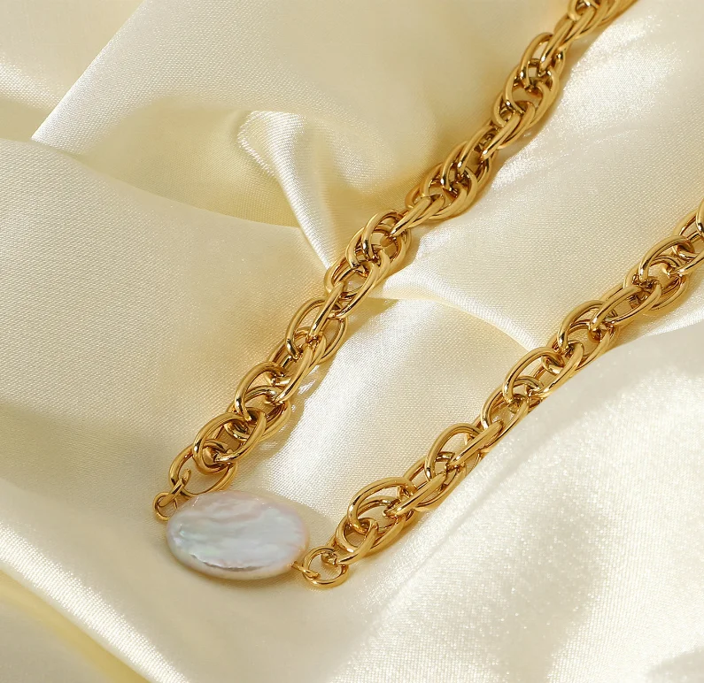Vintage Baroque Pearl Chain Choker 18k Gold Plated Stainless Steel Statement Thick Chunky Bold Chain Pearl Necklace Jewelry