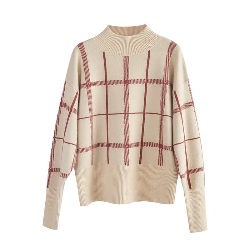 New Design Plaid Checked Hand Crochet Wool Sweater for Ladies