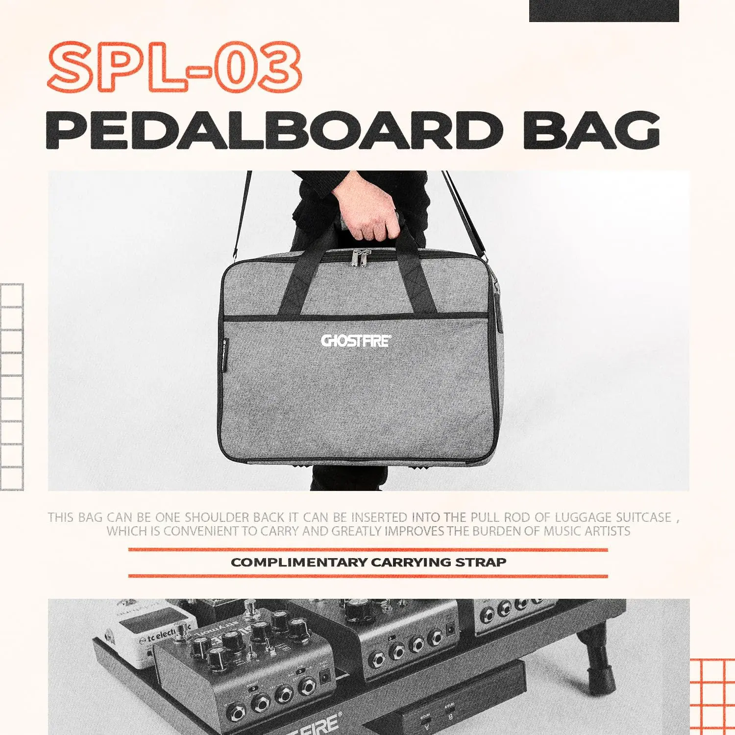 Ghost Fire Multi-Function Storage Case Guitar Gray Portable Pedalboard Bag With Shoulder Strap