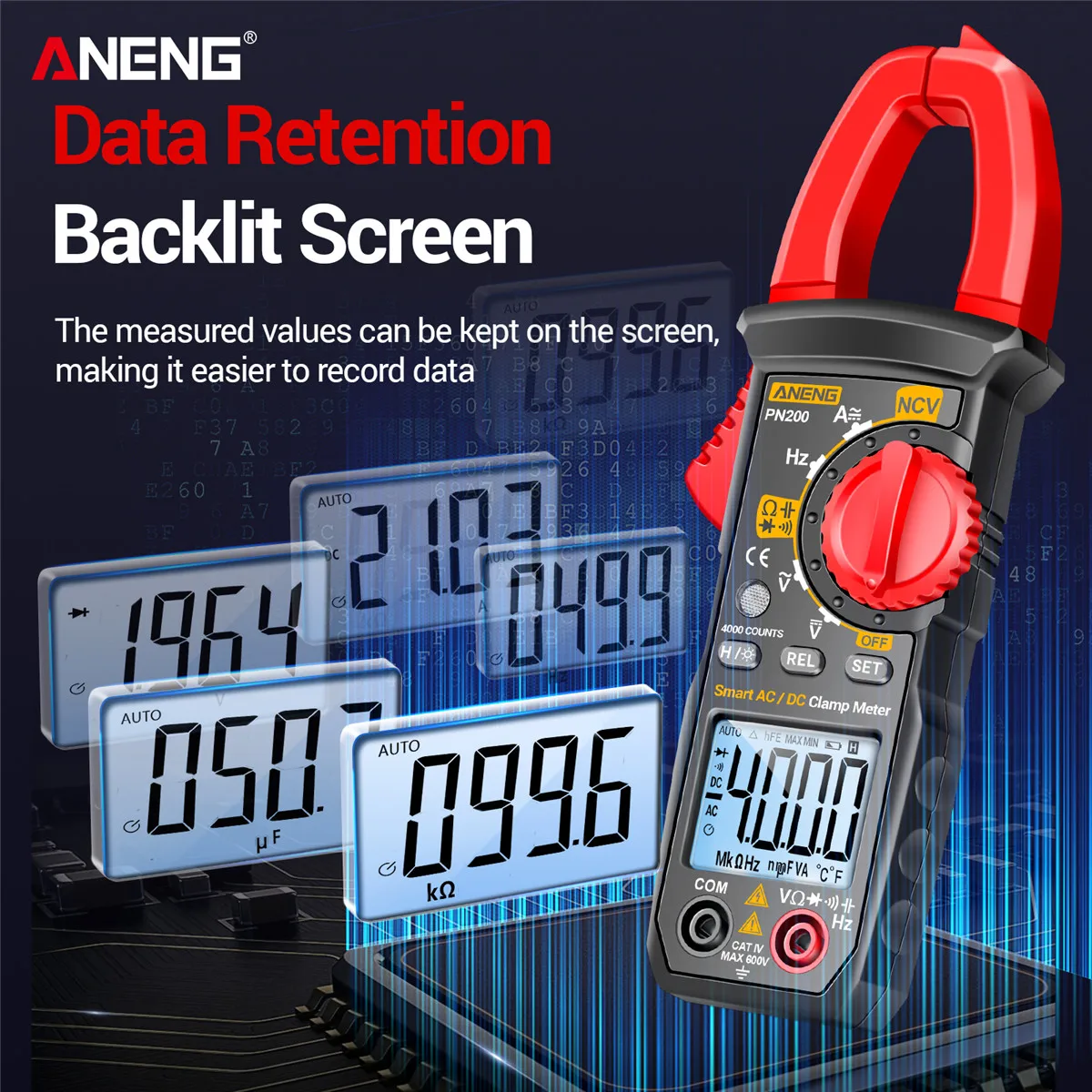 ANENG PN200 Цифровые токоизмерительные клещи DC/AC 600A ток 4000 отсчетов мультиметр переменного тока Амперметр тестер напряжения автомобиля Гц постоянной ёмкости универсальный конденсатор