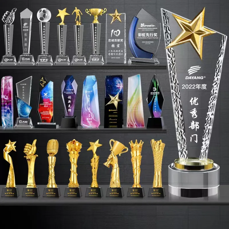 Customized K9 Crystal Trophy Personality metal trophy Crystal medal with wooden base Gift box packing Wooden trophy