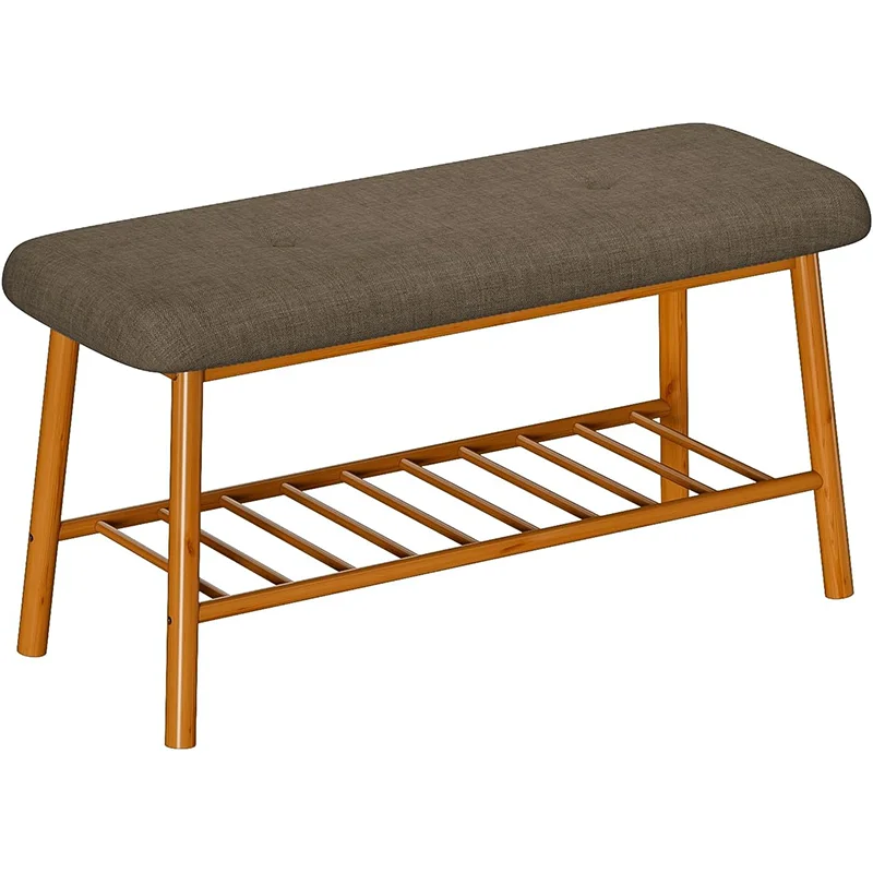 Brown Shoe Rack Bench for Entryway 2-Tier Bamboo Bench Storage with Cushion Storage Benches for Bedroom Living Room Indoor