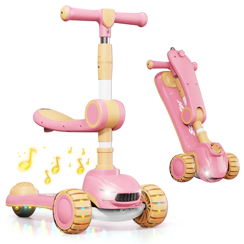 Custom High Quality Light And Music Foldable Children Scooter Pu 3 Wheels Electric Kids Kick Scooter With Seat