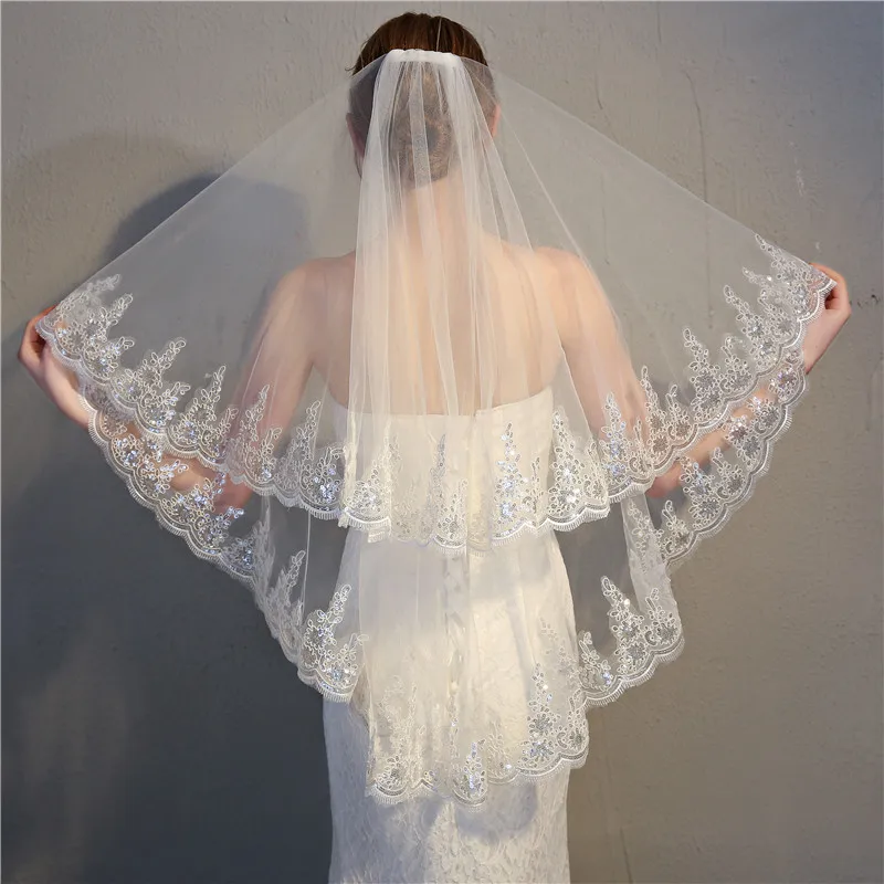 Elegant White Ivory Two Layers Lace Bridal Veils Comb Women Wedding Veil