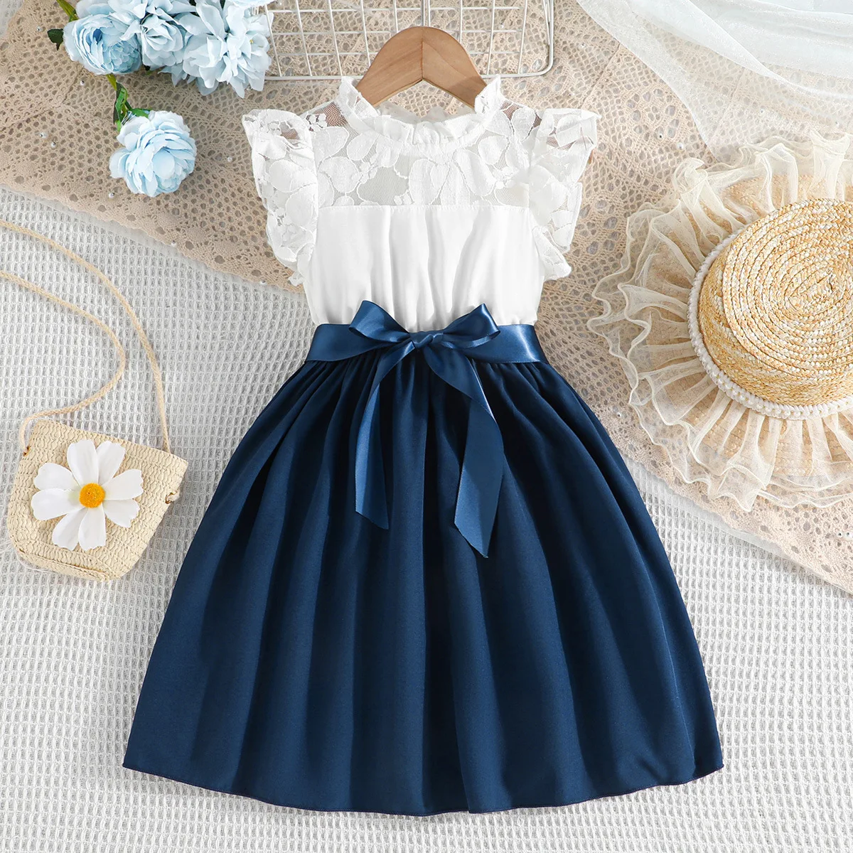4-7Y kids wholesale clothes summer petal sleeves children daily wear casual clothing girls elegant dress with belt