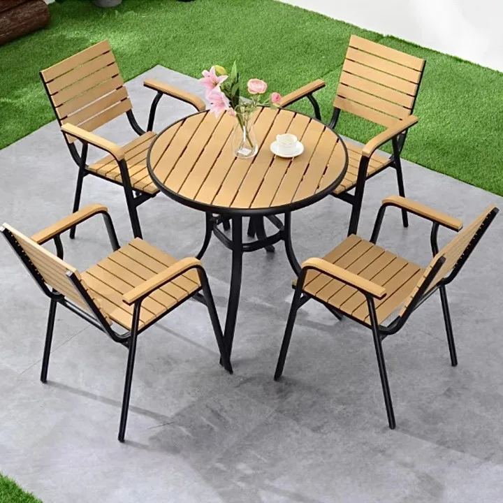 Modern and minimalist courtyard garden open-air terrace balcony outdoor plastic wood tables and chairs