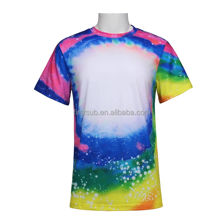 Wholesale Tie Dye Design Bleached 210gsm Polyester T-shirt Sublimation Blank Shirt Colorful Faux Bleach Tee Shirts