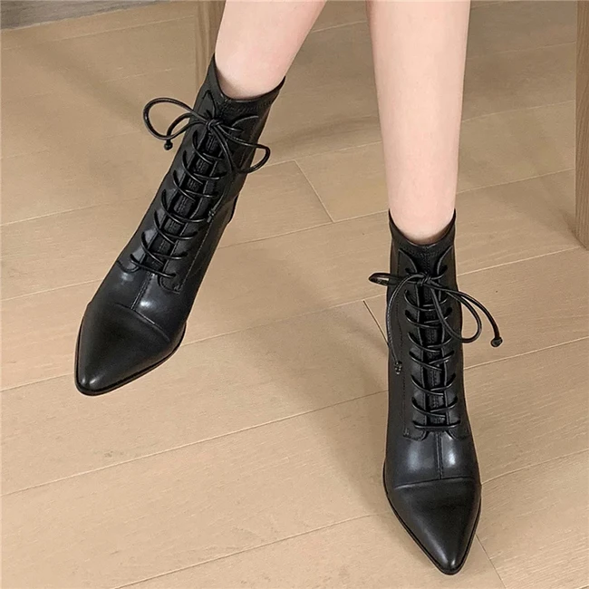 
Lady Party Casual Woman Sexy Fashion Ankle Boots Thin Heels Pointed Toe Autumn Winter Lace Up Shoes 
