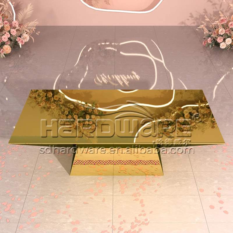 New Design Golden Glass Top Long Led Illuminated Wedding Dining Table Led