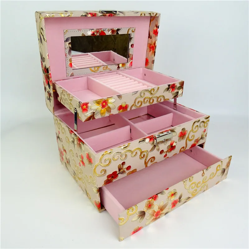 Embroidery flower luxury  Mirrored 3-layer large Capacity Jewelry Organizer Earring Holder ring storage case pu leather box