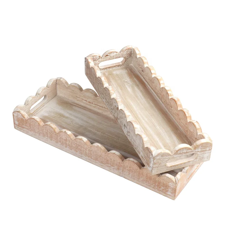 Serving Tray with Handles Set of 2 Wood Rectangular Long Narrow Tray for Eating Display Flowers and Decorative wood tray