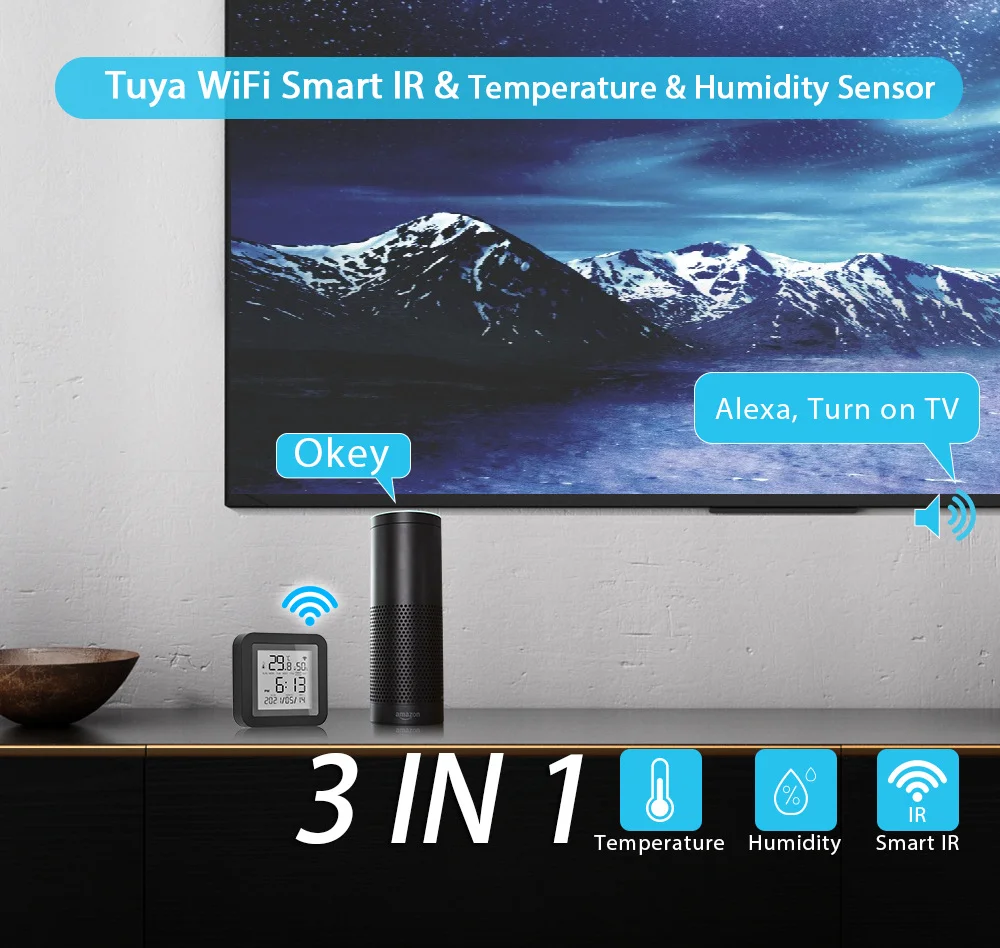 Zemismart 3 in 1 Tuya WiFi IR Remote Control T&H Sensor with LCD Screen Display for Air-con TV Box DVD Alexa Google Home Control