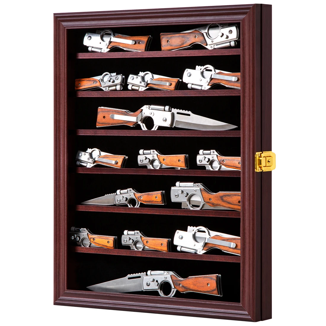 YW PanJun Knife Display Case Mahogany Finish Pocket Knife Display Case 14*17 MDF Wooden Knife Display Case Wall Mount