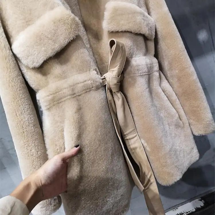 Womens Winter Warm Tweed Leather Jacket Ladies Fashion Oversized Sheep Fur Overcoat Real Woolen Long Coat