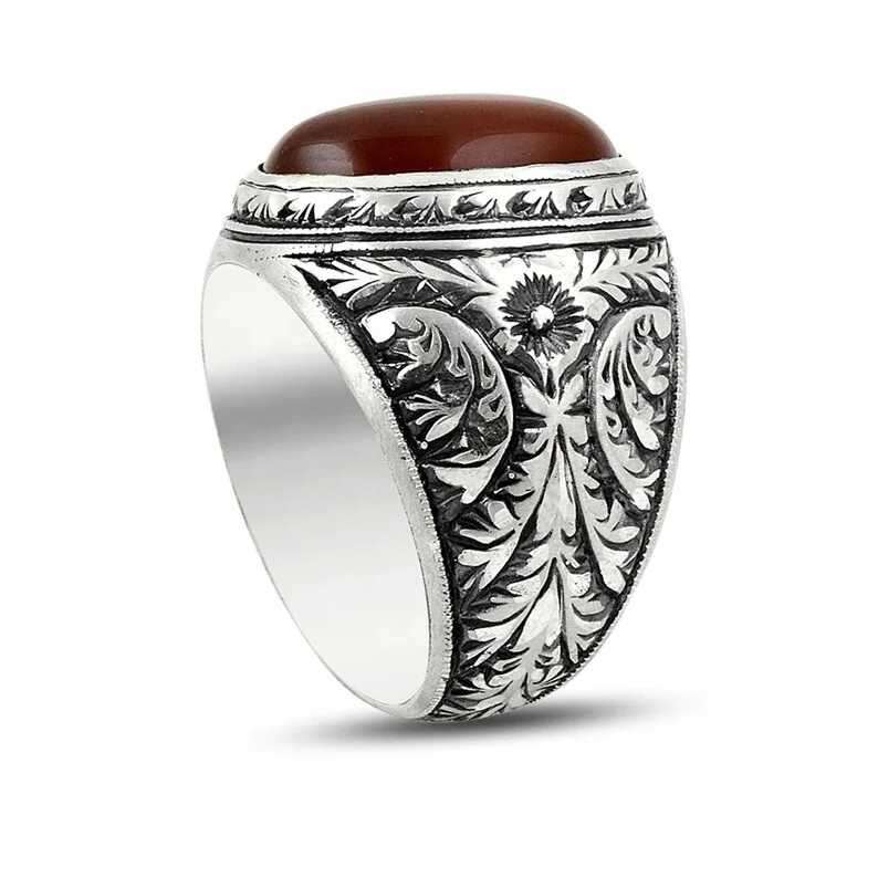 Vintage Wholesale Onyx Agate Silver Ring 925 Mit Stein Feroza Stone Turkische Aqeeq Ring Silver Turkish Ring Men