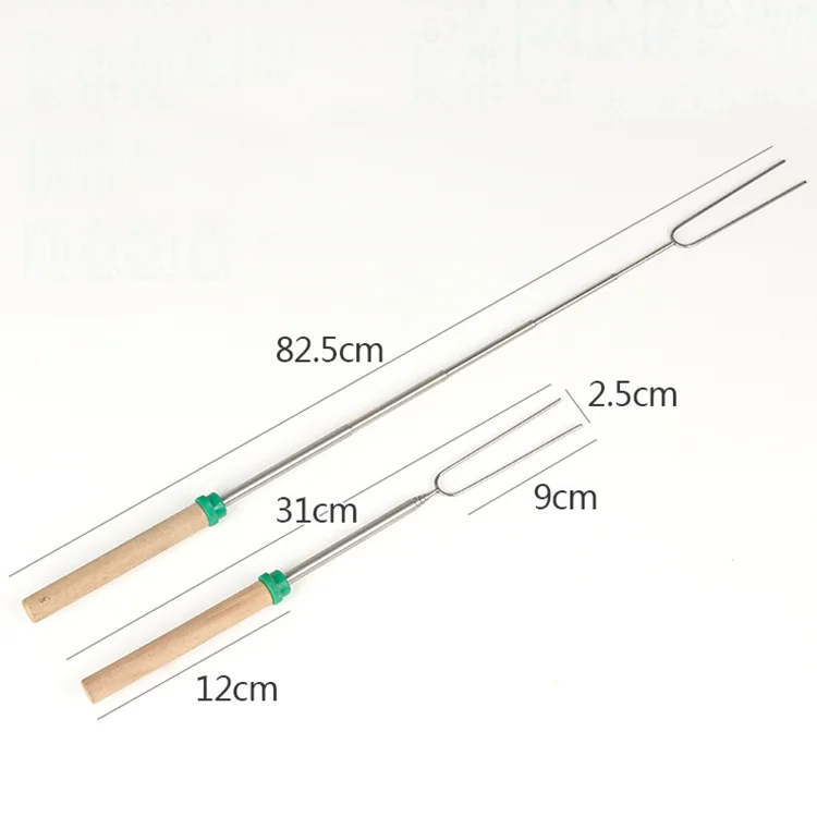 Amazon Hot Selling 8 Color Wood Handle  BBQ skewers Stainless Steel BBQ Stick Telescoping  Roasting Sticks