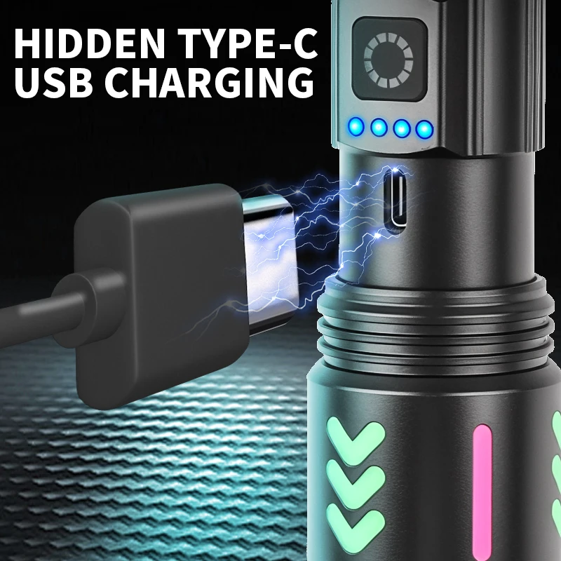 30w LED 1000m Flashlight USB Type-C Rechargeable Power Bank IPX4 Waterproof Camping Bright Tactical Flashlight
