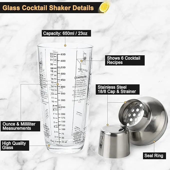 23 oz Glass Cocktail Shaker Set 4 PCS Bartender Kit Martini Mixer Shaker with Built-in Strainer  Bar Tool Set