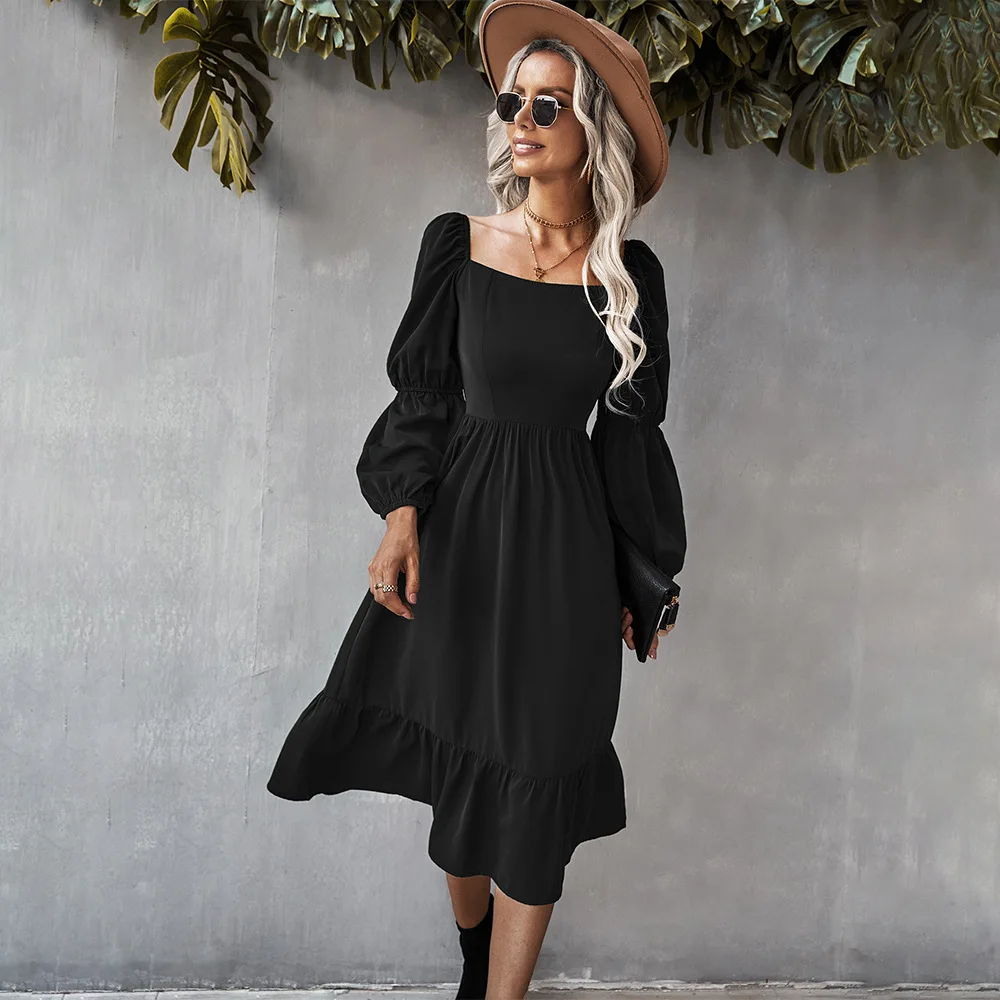 High Quality French Design Vintage Square Collar Long Fall Dress Sundress Women Elegant Dinner Long Sleeve Midi Dresses Evening