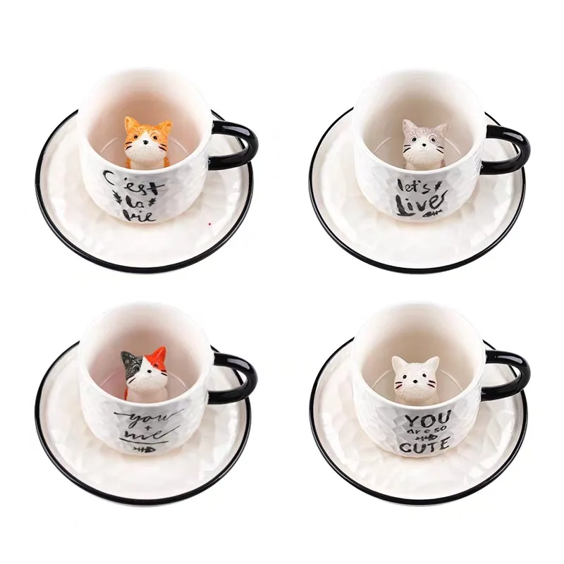 Hot Style Creative Cup Ceramic Glaze Cartoon Cat Ceramic Cup 3D Relief Animal Ceramic Cat Cup