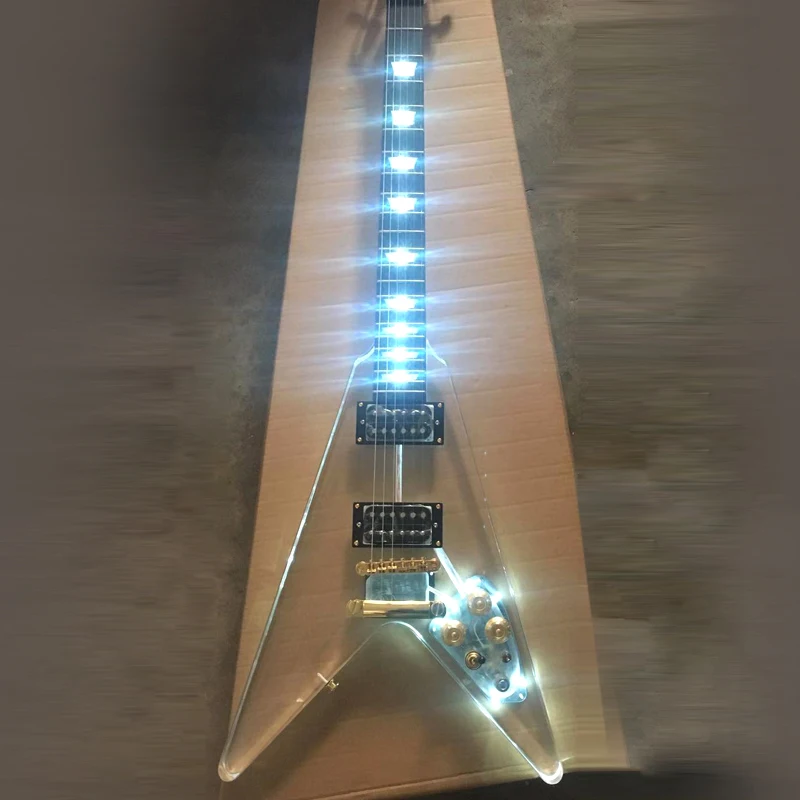 Good quality blue LED light fly V shape acrylic electric guitar guitare electrique guiter guitarra gitar guitars
