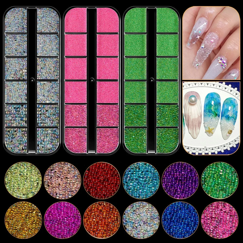 Paso Sico Shiny Shimmer Mermaid Caviar Beads Mixed Size Glass Rhinestone Pearls Nail Art Decoration for Manicure Design DIY Design