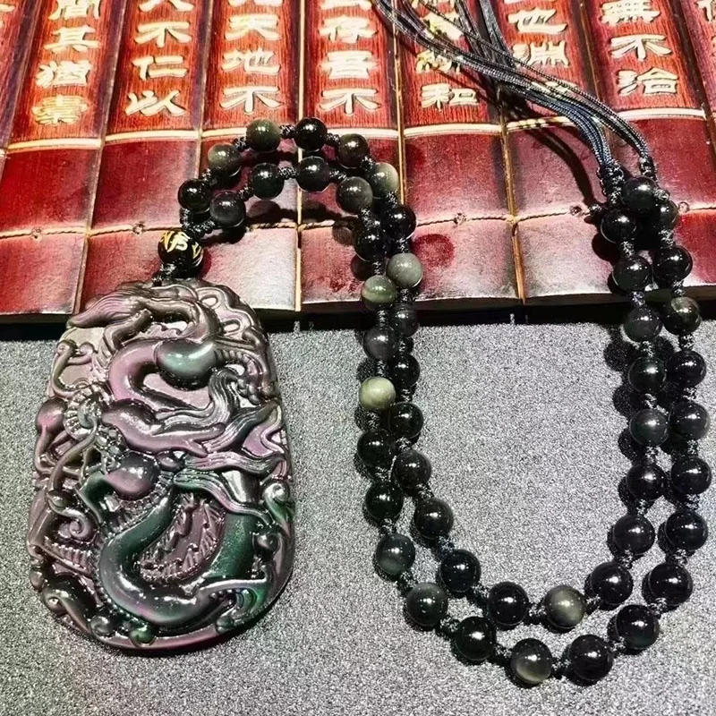 High Quality Natural Rainbow Obsidian Crystal Chinese Dragon for Pendant