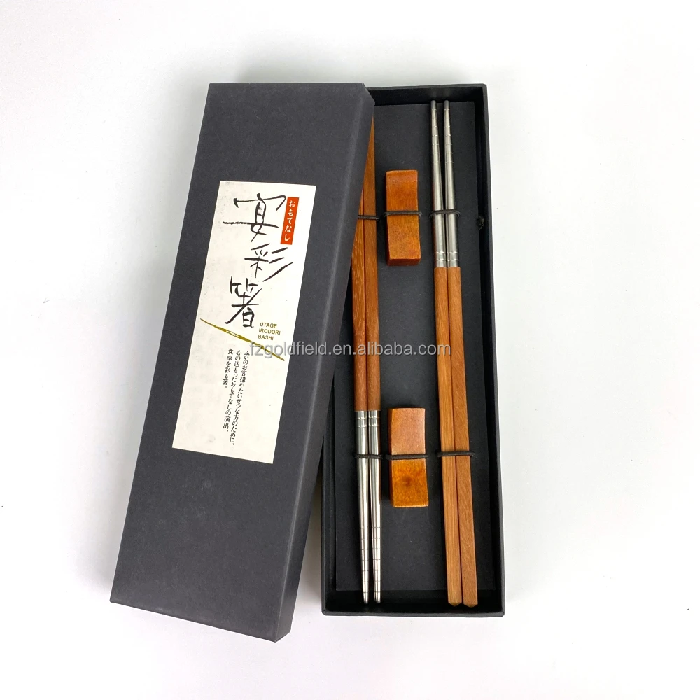 Factory Direct Supply Spot  304 Stainless Steel  Red Sandalwood Creative Edge Cooking Pot Chopsticks With Holder Gifts Set