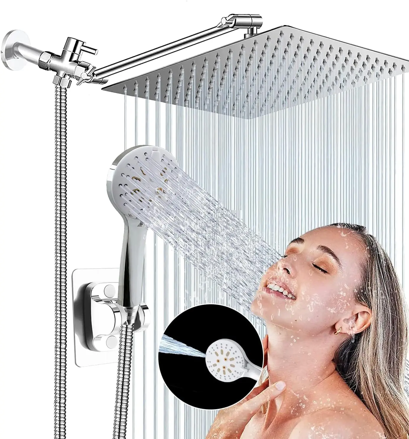 11' Extension Arm Height/Angle Adjustable 10 Inch Chrome Shower Head Quare Handheld Combo 3+6 Mode High Bath Shower Faucets