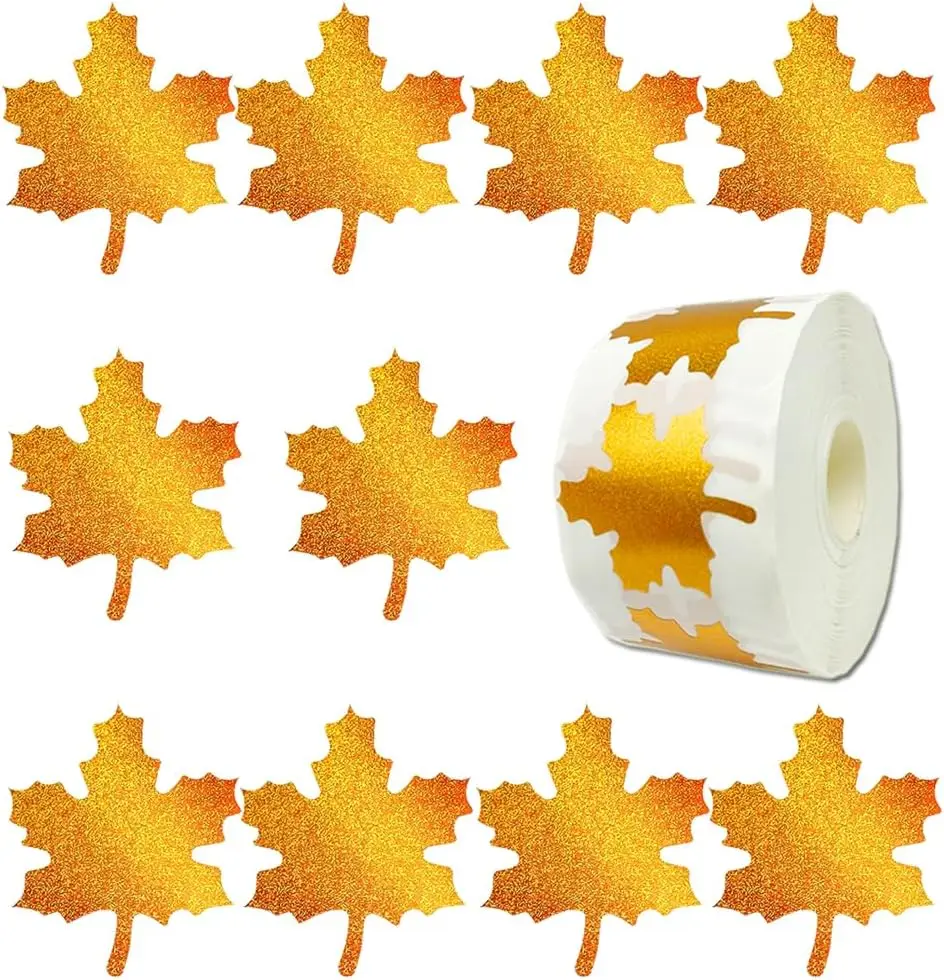 Gold Maple Stickers Roll Autumn Laser Maple Leaf  Sparkly Waterproof  Decals for Envelope Journal Decor Party