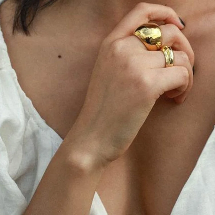 Minimalist Stainless Steel Statement Ring Engravable 18K Gold Plated Large Crescent Chunky Wide Dome Ring for Women