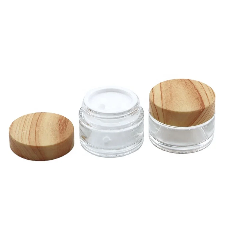 wholesale eco- friendly skin care packaging wooden bamboo grain plastic cap glass cream containers cosmetic jar