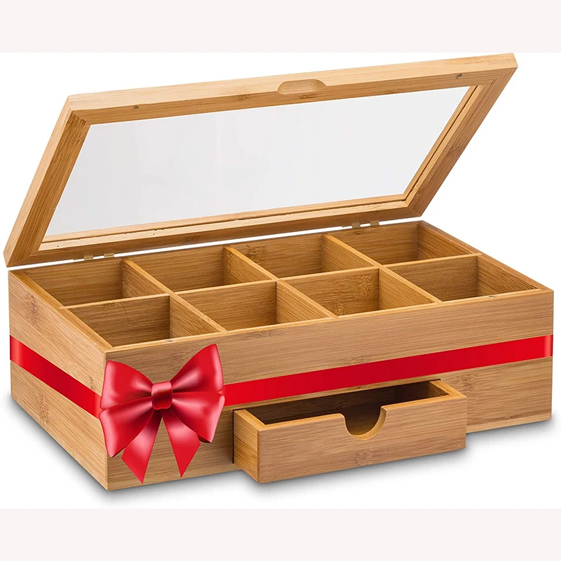 High-quality bamboo tea box storage box with sliding drawer and acrylic window of the wooden tea set