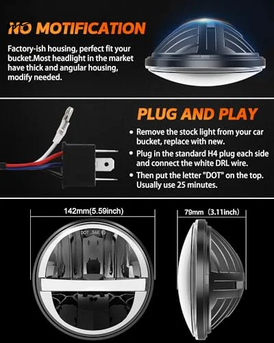 New Design 5.75 Inch LED Headlights 4PCS White DRL H4 Hi/Low Headlight Plug and Play