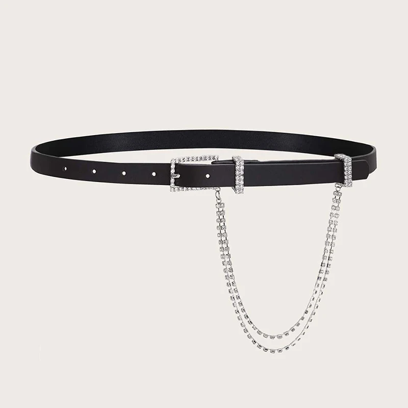 Modern style rhinestone decor chain belt black elegant women PU studded chain belt