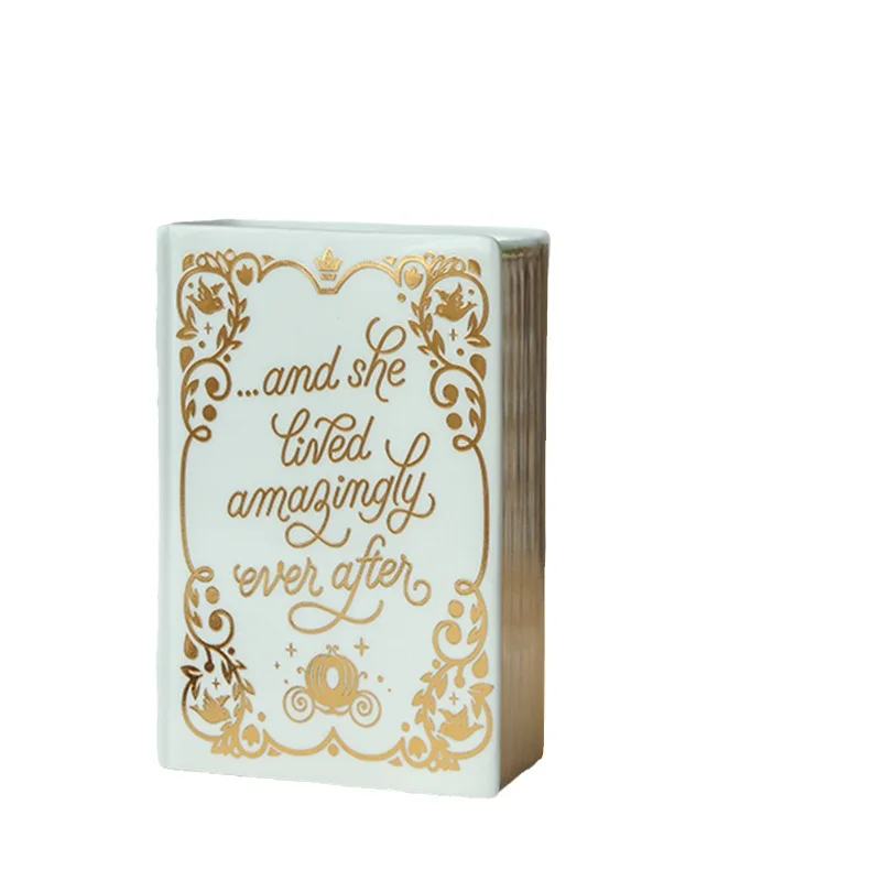 Luxury Nordic Home Hotel Decorative White and Gold Ceramic Book Shaped Flower Vase Pen holder for Office