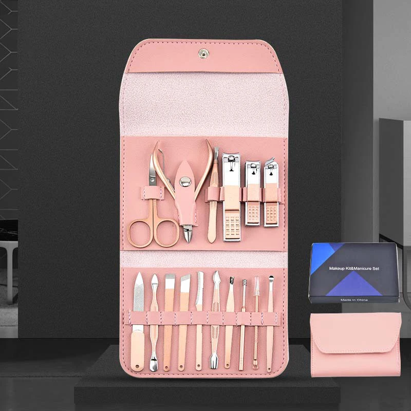 16PCS Rose Gold Professional Stainless Steel Nail Care Kit Manicure Grooming Set with Travel Case Private Label