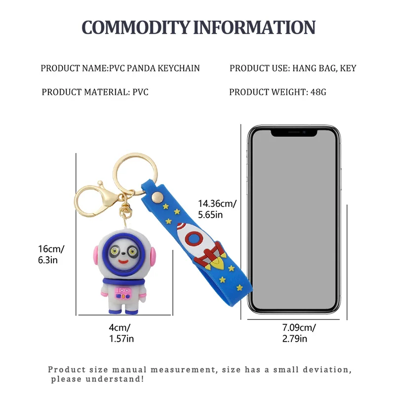 Cute three-dimensional astronaut panda keychain soft rubber PVC charm toys students schoolbag key charm couple key ring