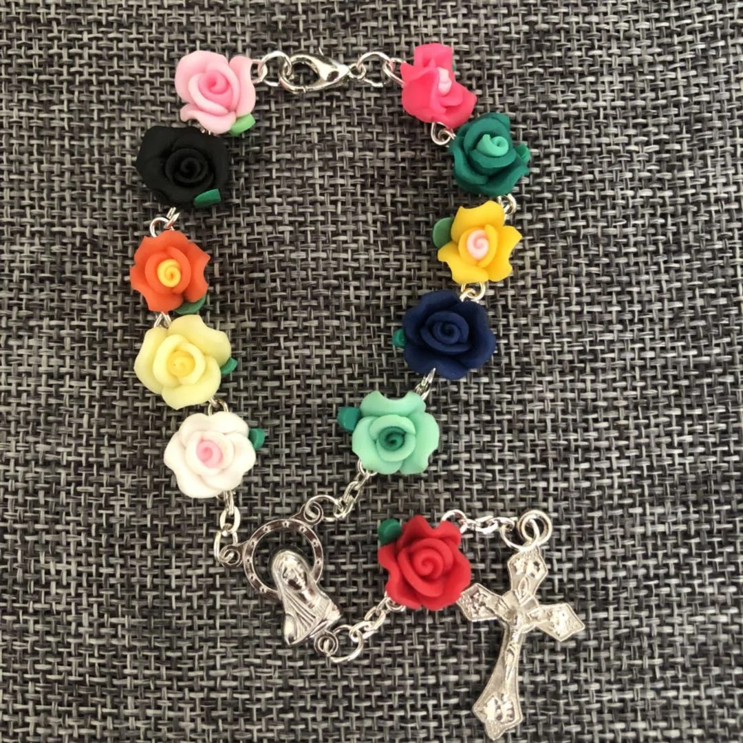 Candy bright color Soft Ceramic beads rose rosary bracelet, soft clay beads denary, baptism gift