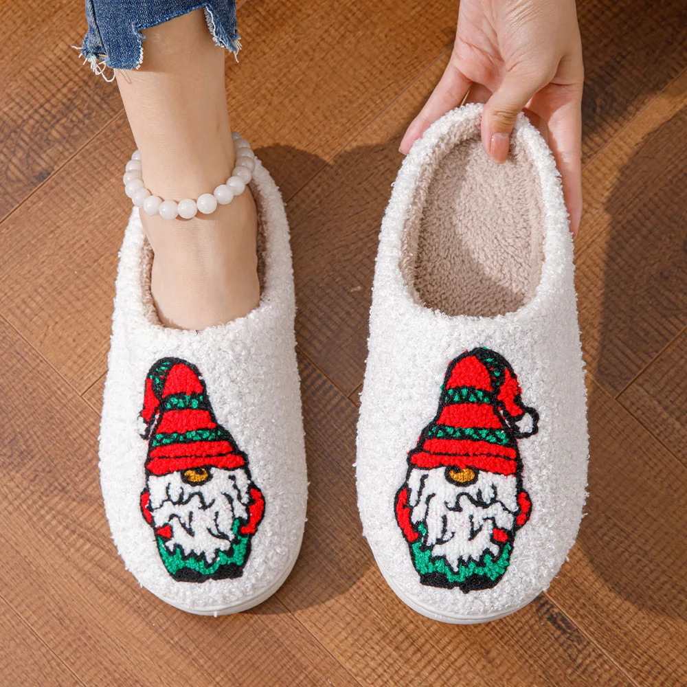 Winter cute warm home indoor fuzzy plush cotton  gingerbread reindeer Santa nightmare before christmas slippers for women men
