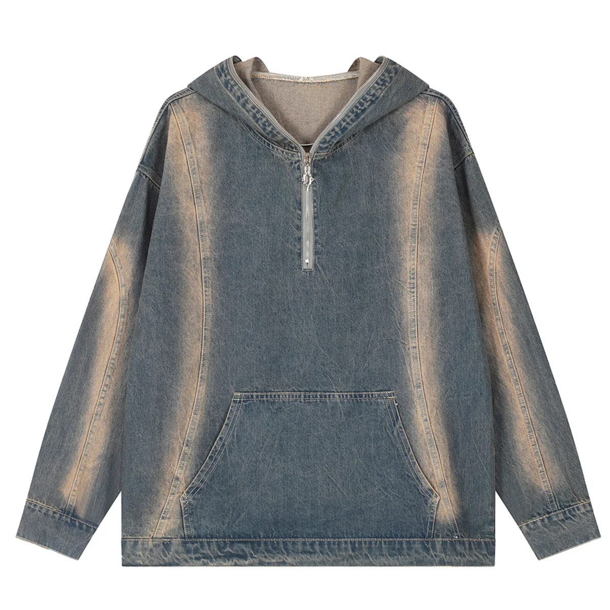 Men Spray Painted Pullover Denim Jacket Half Zipper Hooded Sweatshirt Mens Hip Hop Sweatshirts Spray Paint Hoodies Customized