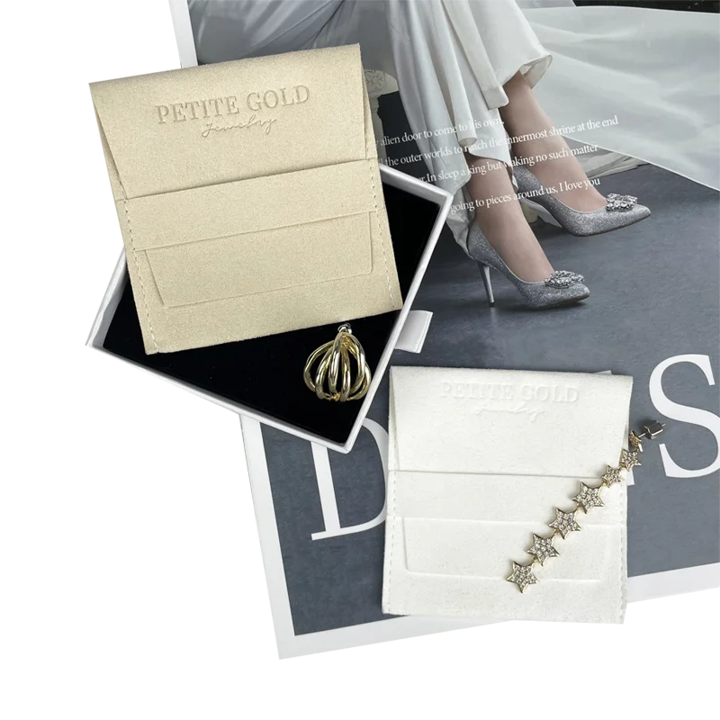 OEM Logo Color Deboss Print Elegant Design Ribbon Flap Suede Microfiber Packaging Bag Jewelry Pouch