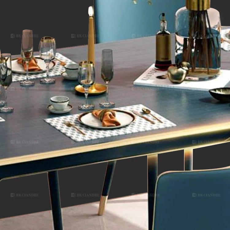Scandinavian Dark Blue Marble Solid Wood Dining Tables Rectangle Sets and