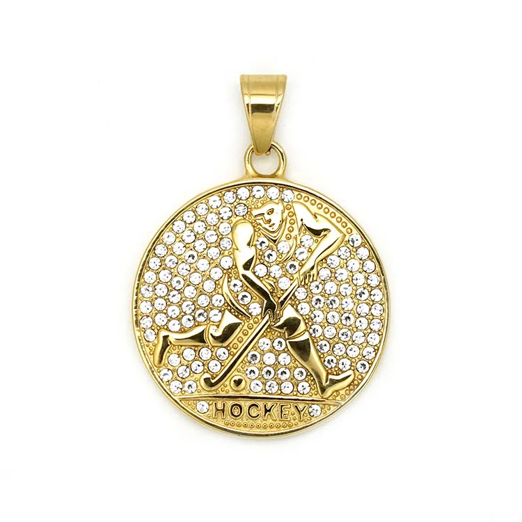 Индивидуальная оптовая продажа мужской дизайн ювелирных изделий из нержавеющей стали позолоченный круглый хоккейный Шарм Кулон